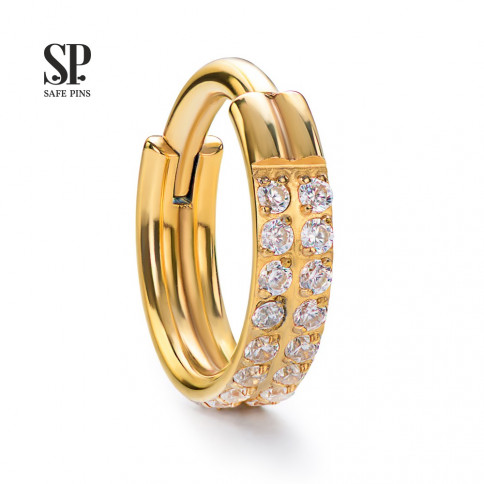 № 1252 Кольцо-кликер две линии кристаллов Clear CZ 1.2*10 мм (Gold PVD) Safe Pins Титан ASTM F-136