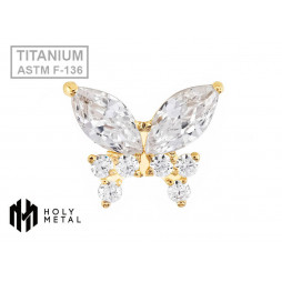 № 1820 Накрутка в виде бабочки с кристаллами CZ White и Gold PVD 1.2 мм Holy Metal Титан ASTM F-136 (шляпка 9 мм)