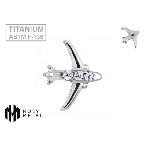 № 2167 Накрутка в виде самолета с кристаллами CZ White 1.2 мм Holy Metal Титан ASTM F-136 (шляпка 7 мм)